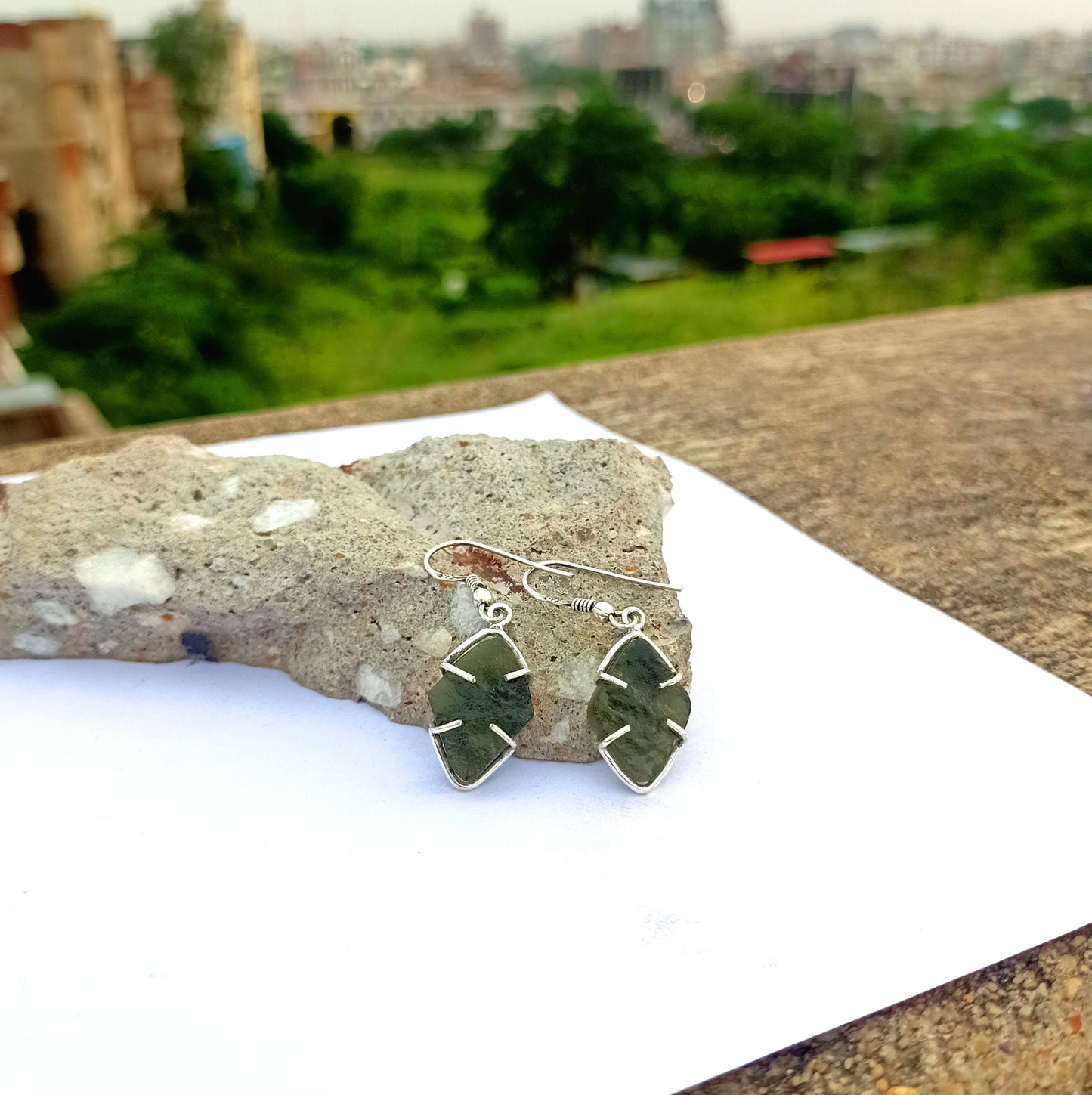 Natural Moldavite Rough stone Earrings Gemstone From Czech Republic 925 Solid Sterling Silver Handmade Designer Jewelry Unique shape Gift