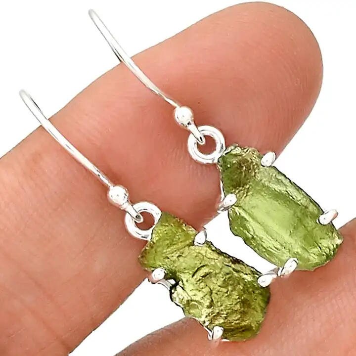 Natural Moldavite Rough Earrings Gemstone From Czech Republic 925 Solid Sterling Silver Handmade Designer Jewelry Genuine Moldavite