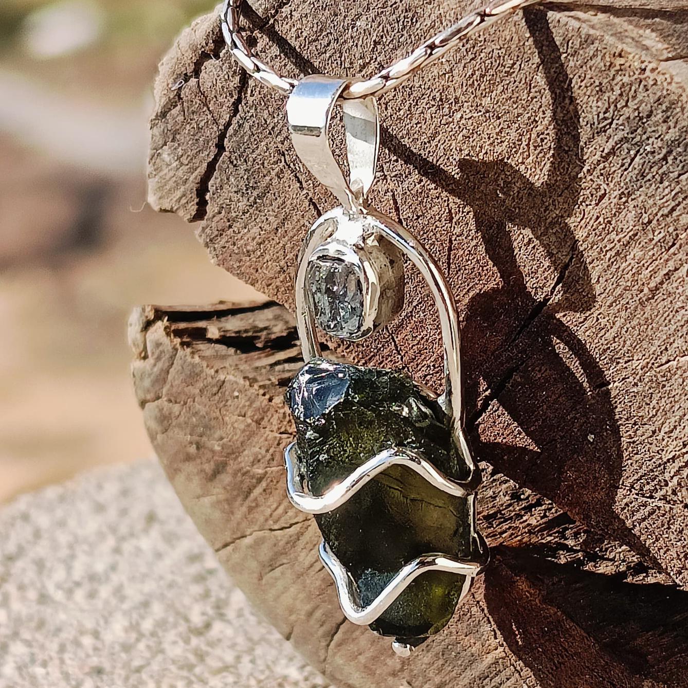 Moldavite & Herkimer Pendant, 925 Silver Handcrafted Pendant, Authentic Moldavite Pendant, Czech Moldavite Jewelry, Big Moldavite Necklace