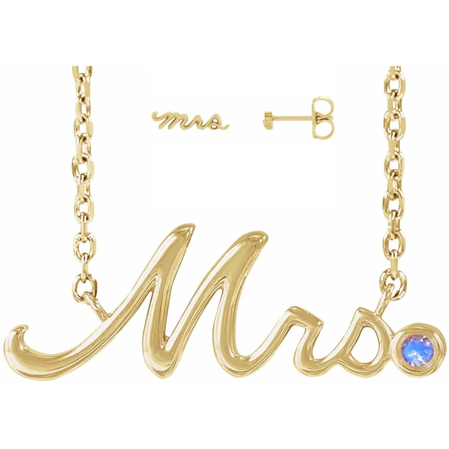 Wedding Necklace Round Gemstone Mrs Necklace and Mrs Stud Earrings 925 Sterling Silver 18k Gold Vermeil Bridal Jewelry Set For Woman & Girls
