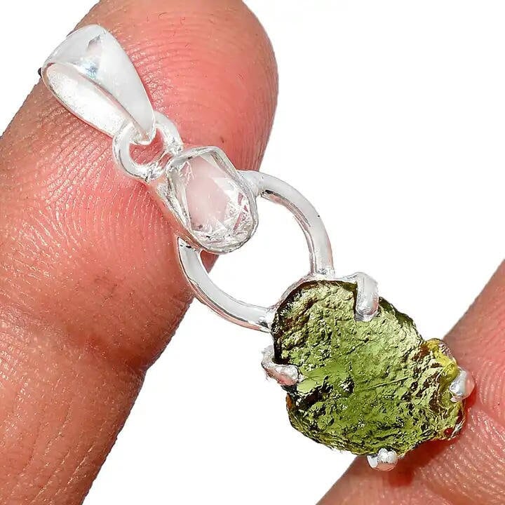 Moldavite herkimer pendant, genuine gemstone pendant, sterling silver handmade pendant, 100% genuine with certified gemstone
