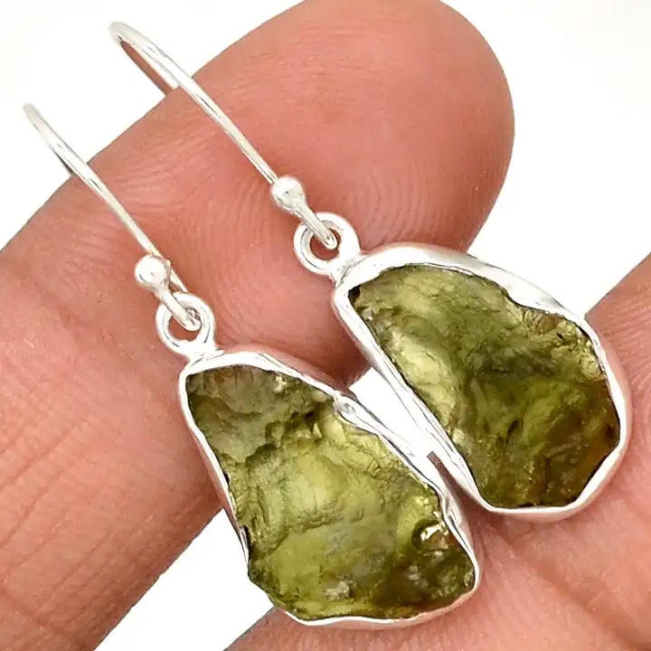 Natural Moldavite Rough Earrings Gemstone From Czech Republic 925 Solid Sterling Silver Handmade Designer Jewelry Certified Moldavite