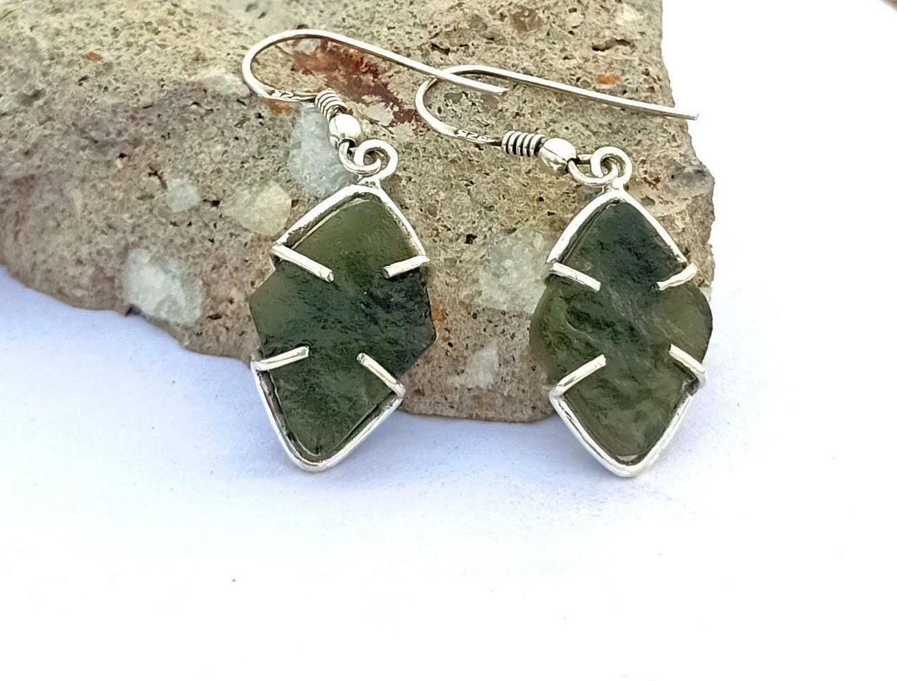 Natural Moldavite Rough stone Earrings Gemstone From Czech Republic 925 Solid Sterling Silver Handmade Designer Jewelry Unique shape Gift