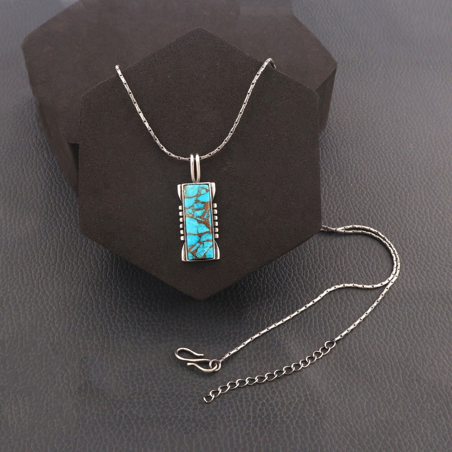 Copper Turquoise Pendant Necklace Sterling Silver Pendant Necklace Turquoise Rectangle Genuine Gemstone Necklace Kingman Southwestern