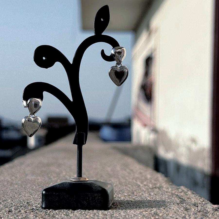 3D Heart Puff Dangle Push in Silver or Gold or Rose Gold, Heart Earrings, Heart Huggie For Her