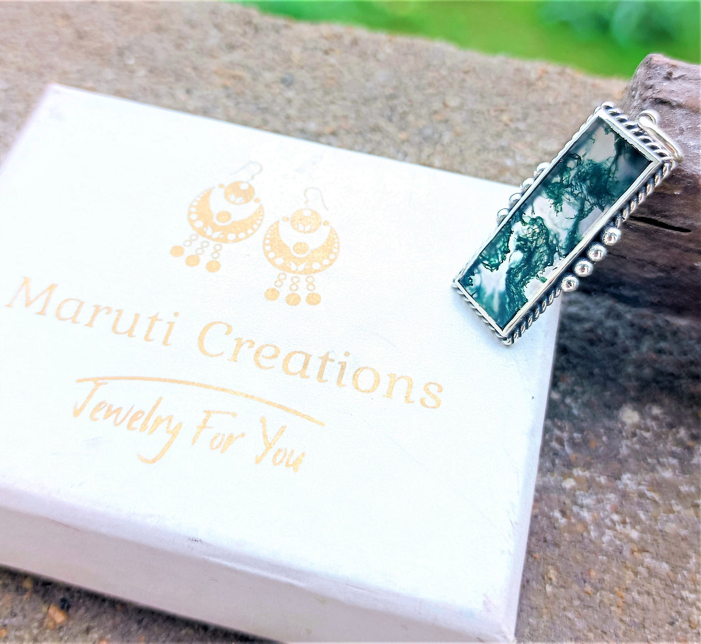 Handmade Sterling Silver Moss Agate Necklace: Large Healing Pendant, Ideal Gift for Him or Her