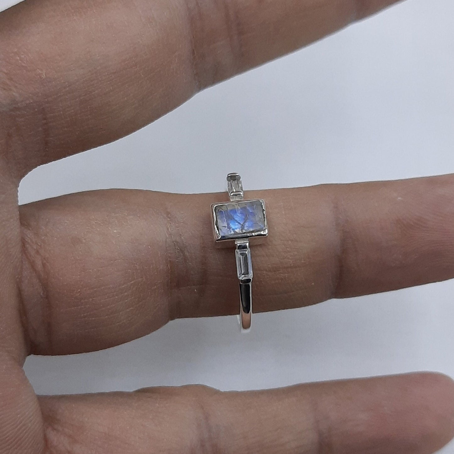 Rainbow Moonstone Ring // Silver Moonstone Ring // Rectangular Moonstone Ring // Moonstone Stacking Ring // Gold Silver Moonstone Ring