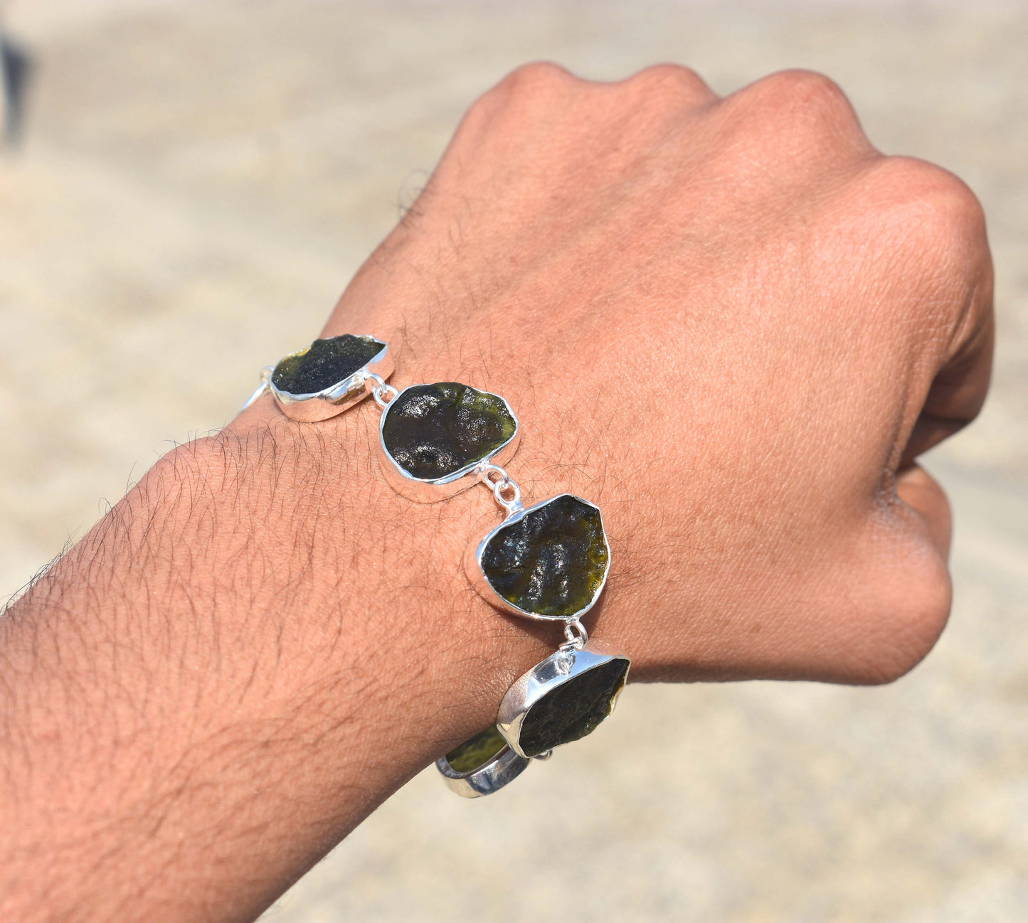 Moldavite Bracelet Handmade 925 Sterling Silver Czech Republic AAA Moldavite Rough Healing Gemstone adjustable Bracelets gift Boys & Girls