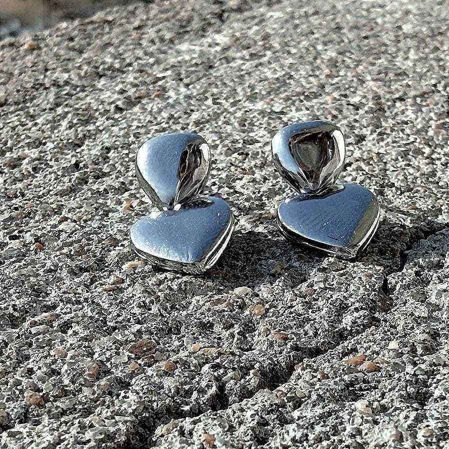 3D Heart Puff Dangle Push in Silver or Gold or Rose Gold, Heart Earrings, Heart Huggie For Her