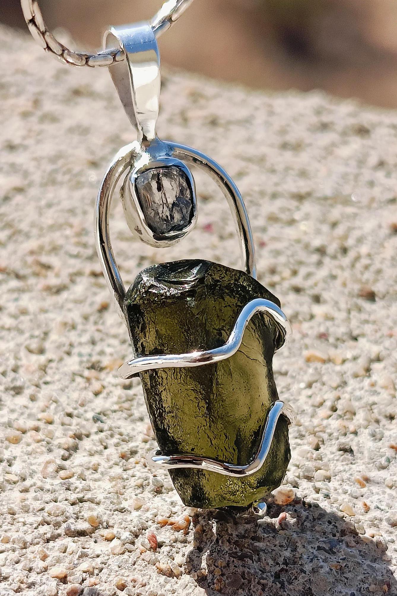 Moldavite & Herkimer Pendant, 925 Silver Handcrafted Pendant, Authentic Moldavite Pendant, Czech Moldavite Jewelry, Big Moldavite Necklace