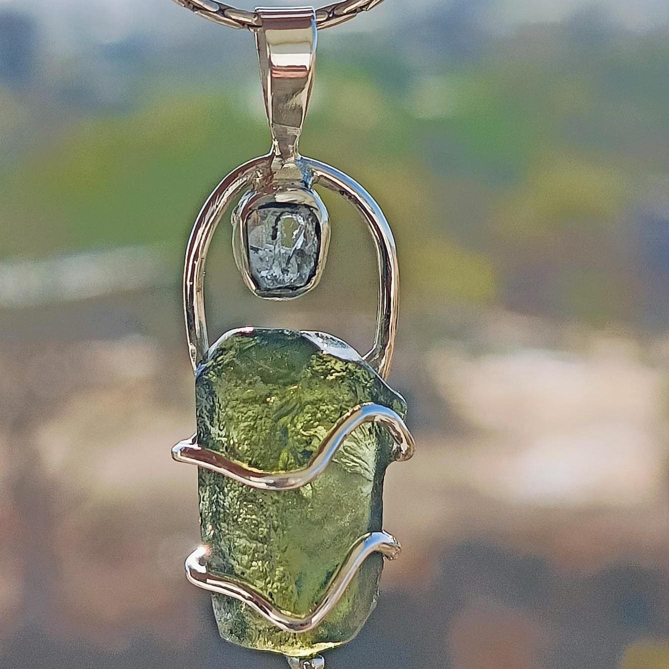 Moldavite & Herkimer Pendant, 925 Silver Handcrafted Pendant, Authentic Moldavite Pendant, Czech Moldavite Jewelry, Big Moldavite Necklace