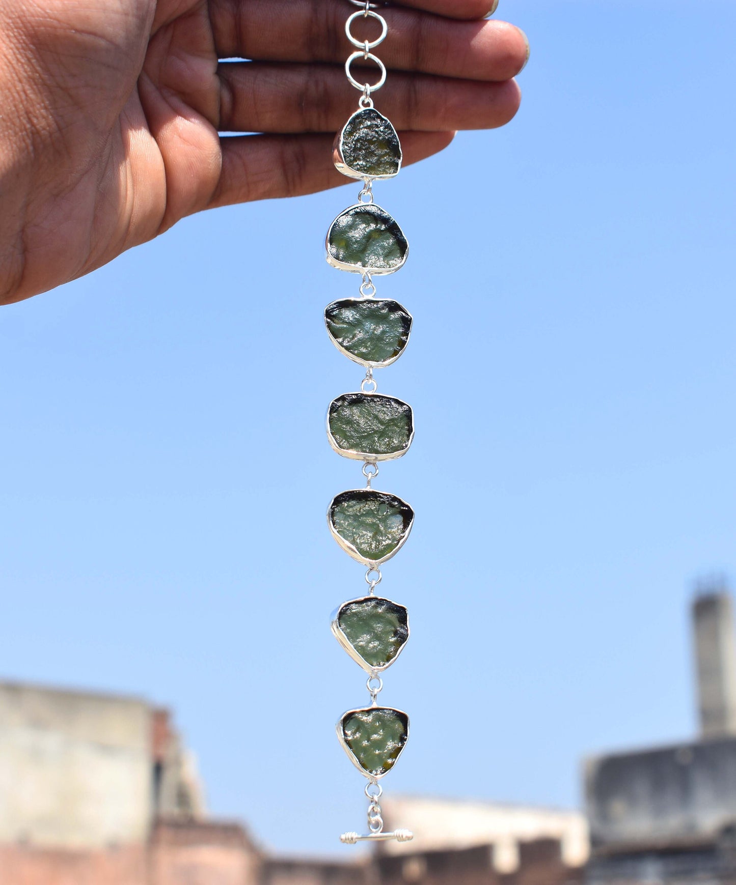 Moldavite Bracelet Handmade 925 Sterling Silver Czech Republic AAA Moldavite Rough Healing Gemstone adjustable Bracelets gift Boys & Girls