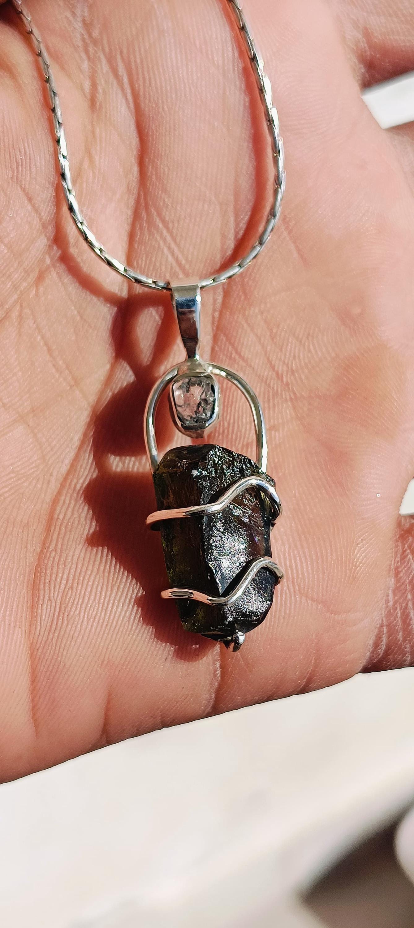 Moldavite & Herkimer Pendant, 925 Silver Handcrafted Pendant, Authentic Moldavite Pendant, Czech Moldavite Jewelry, Big Moldavite Necklace