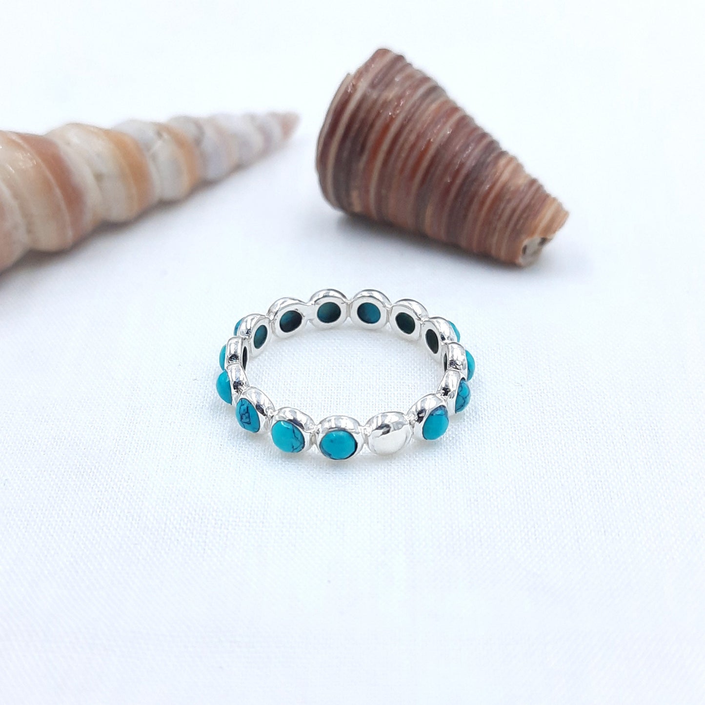 Turquoise Full Eternity Band, Gold Wedding Band, Matching Stacking Band, Natural Turquoise Art Deco Band, Anniversary Gift Ring For Her