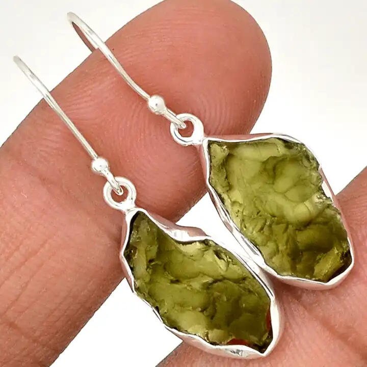 Natural Moldavite Rough Earrings Gemstone From Czech Republic 925 Solid Sterling Silver Handmade Designer Jewelry Certified Moldavite