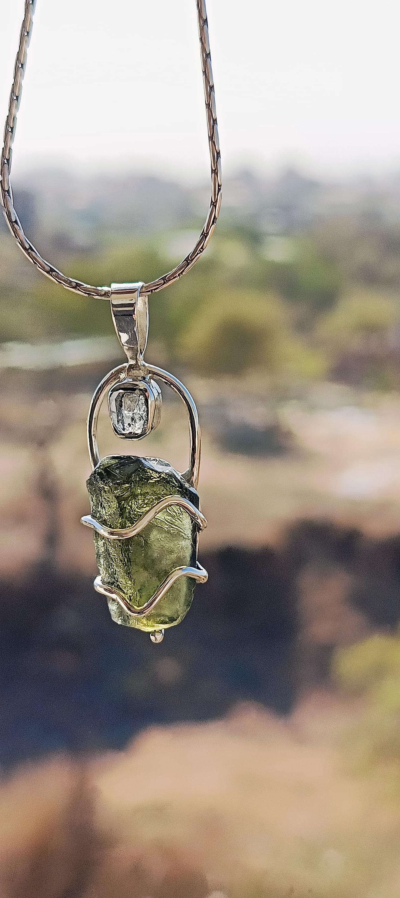Moldavite & Herkimer Pendant, 925 Silver Handcrafted Pendant, Authentic Moldavite Pendant, Czech Moldavite Jewelry, Big Moldavite Necklace