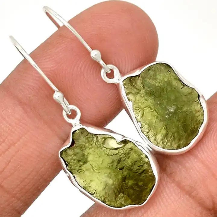 Natural Moldavite Rough Earrings Gemstone From Czech Republic 925 Solid Sterling Silver Handmade Designer Jewelry Certified Moldavite