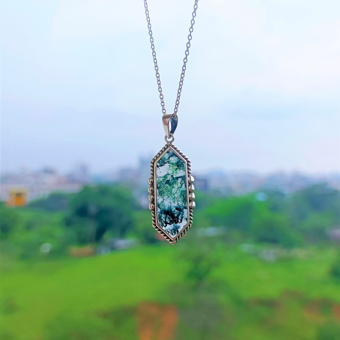 Moss Agate Necklace, 925 Sterling Silver Handmade Pendant, Statement Pendant, Gift For Her