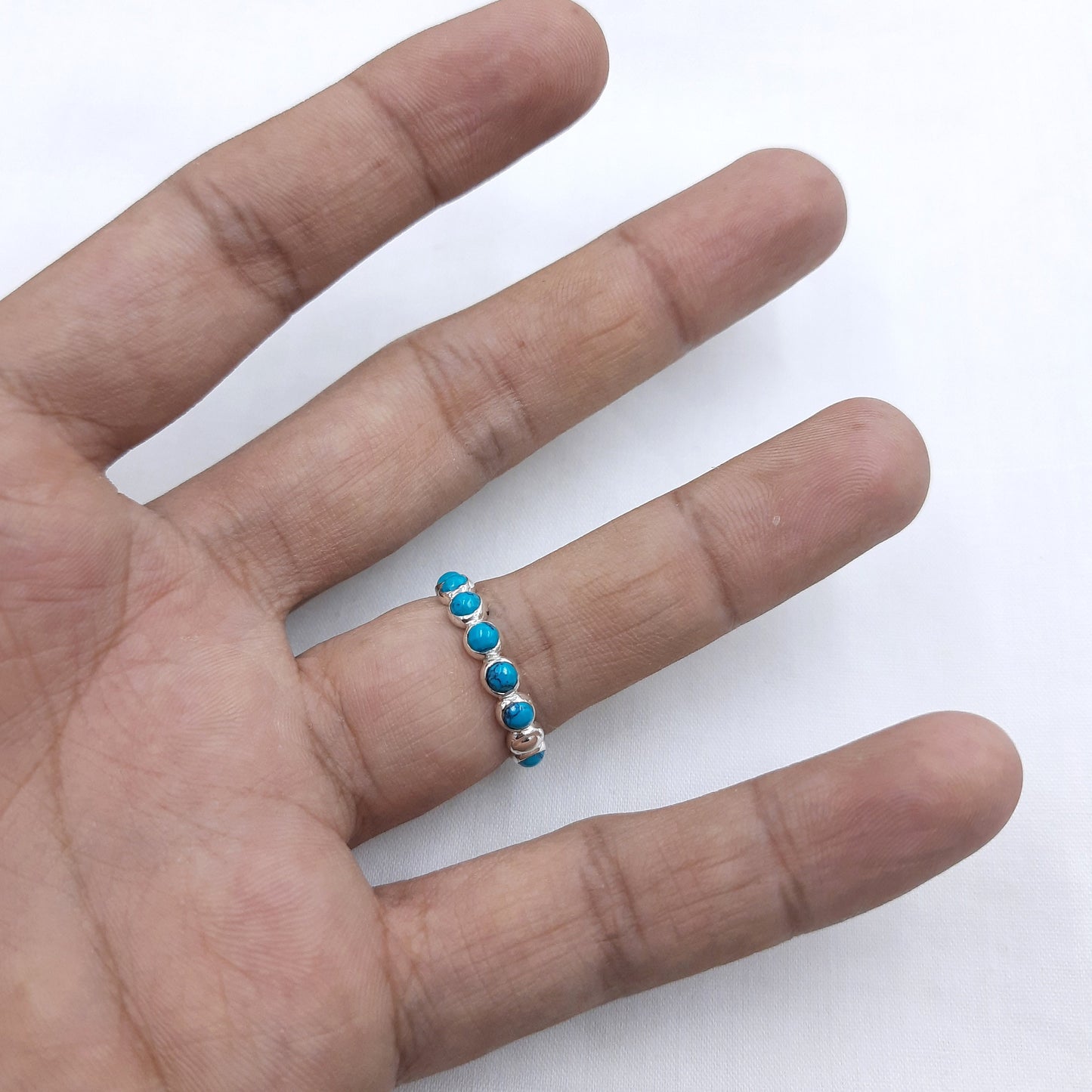 Turquoise Full Eternity Band, Gold Wedding Band, Matching Stacking Band, Natural Turquoise Art Deco Band, Anniversary Gift Ring For Her