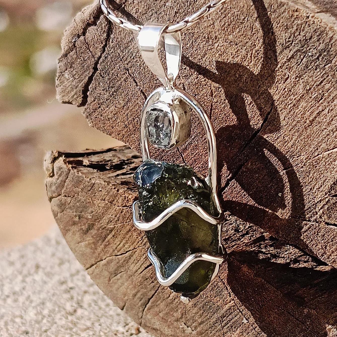 Moldavite & Herkimer Pendant, 925 Silver Handcrafted Pendant, Authentic Moldavite Pendant, Czech Moldavite Jewelry, Big Moldavite Necklace