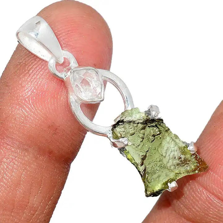 Moldavite herkimer pendant, genuine gemstone pendant, sterling silver handmade pendant, 100% genuine with certified gemstone