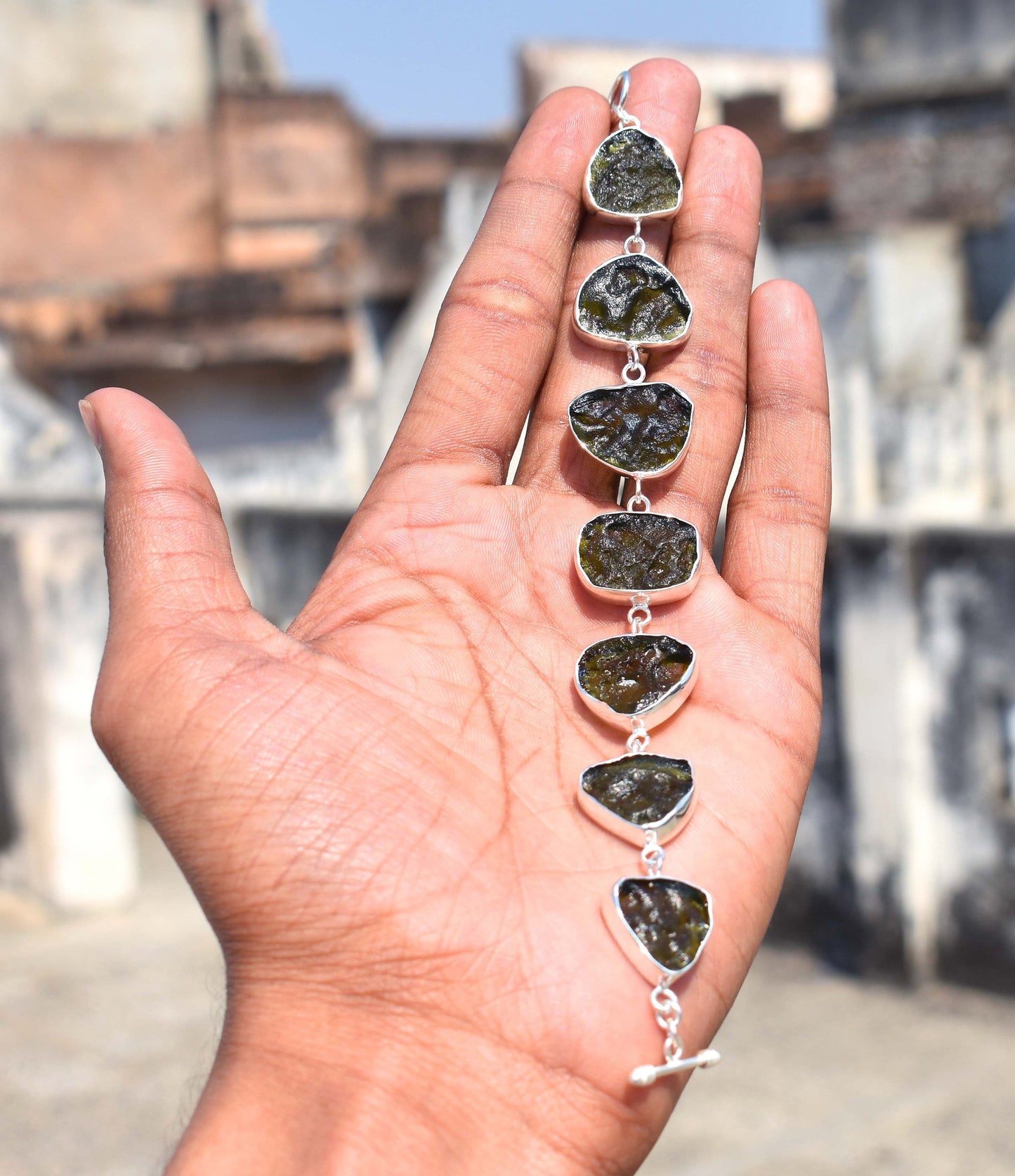 Moldavite Bracelet Handmade 925 Sterling Silver Czech Republic AAA Moldavite Rough Healing Gemstone adjustable Bracelets gift Boys & Girls