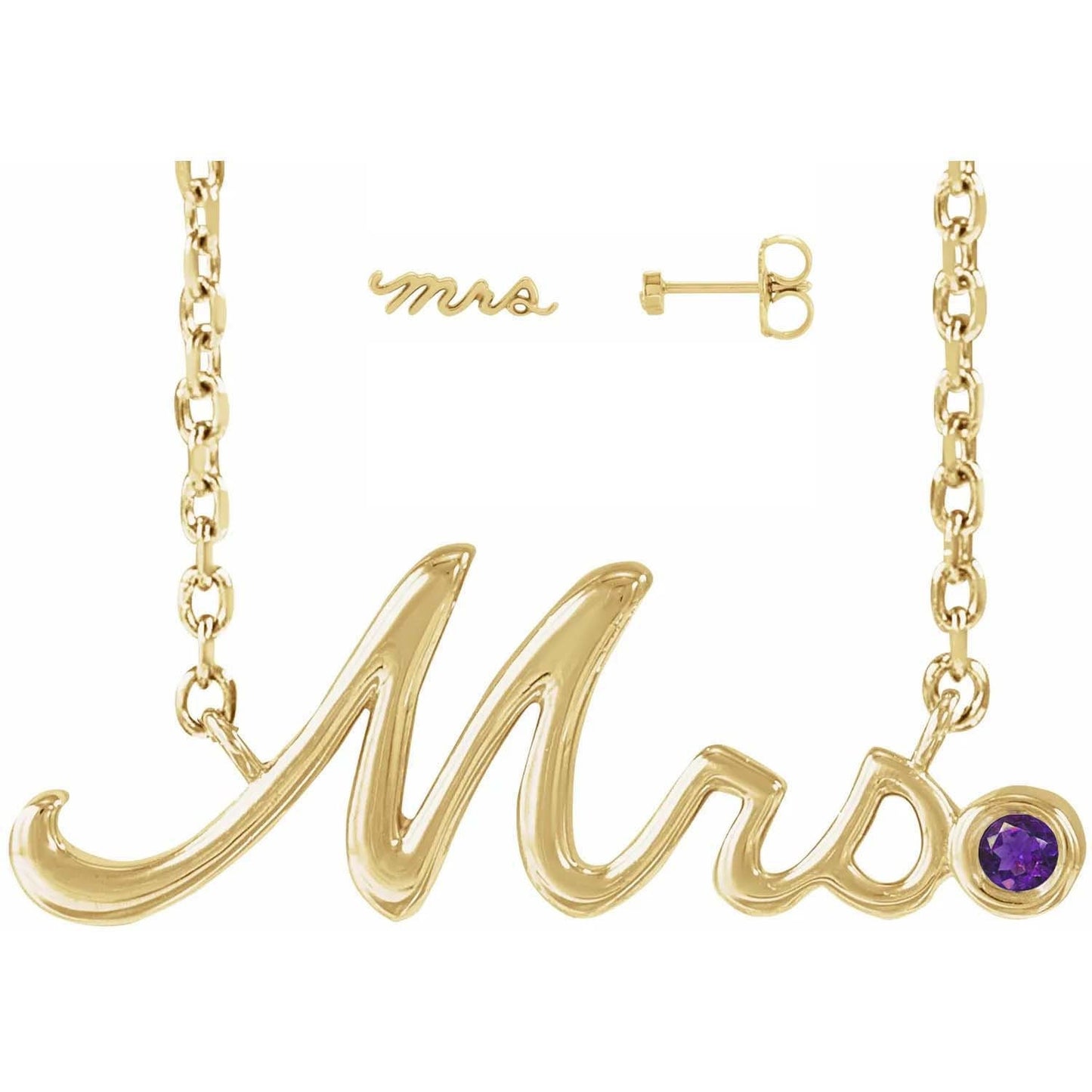 Wedding Necklace Round Gemstone Mrs Necklace and Mrs Stud Earrings 925 Sterling Silver 18k Gold Vermeil Bridal Jewelry Set For Woman & Girls