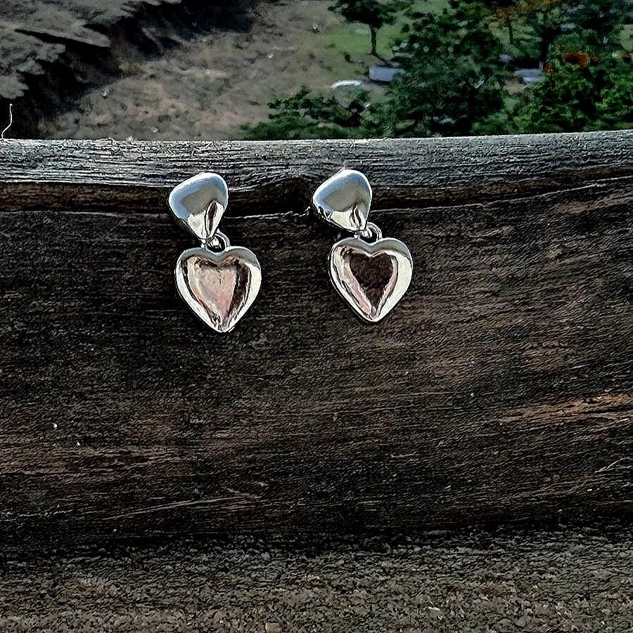 3D Heart Puff Dangle Push in Silver or Gold or Rose Gold, Heart Earrings, Heart Huggie For Her