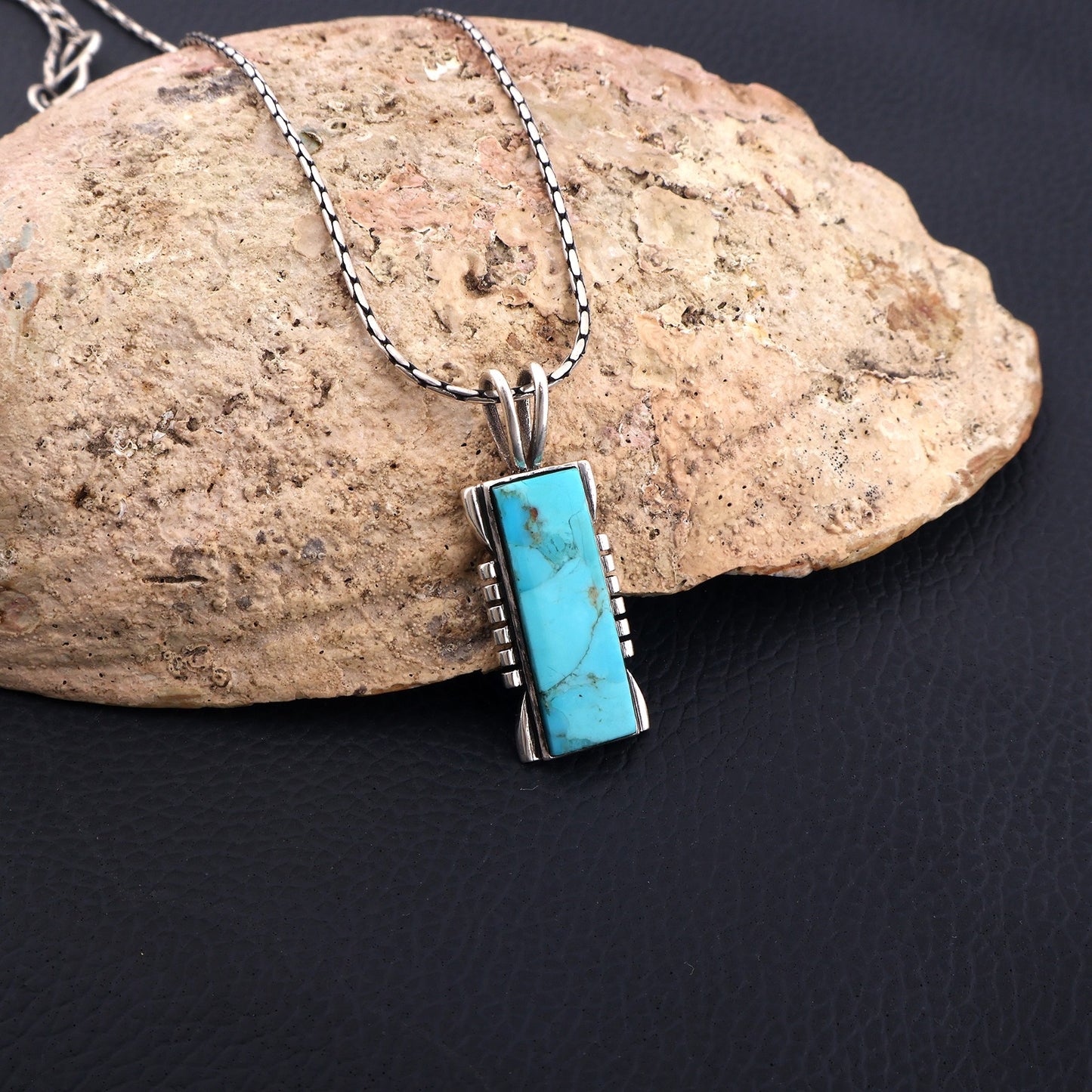 Turquoise Pendant Necklace, Sterling Silver Rectangle Genuine Gemstone Kingman Southwestern Necklace