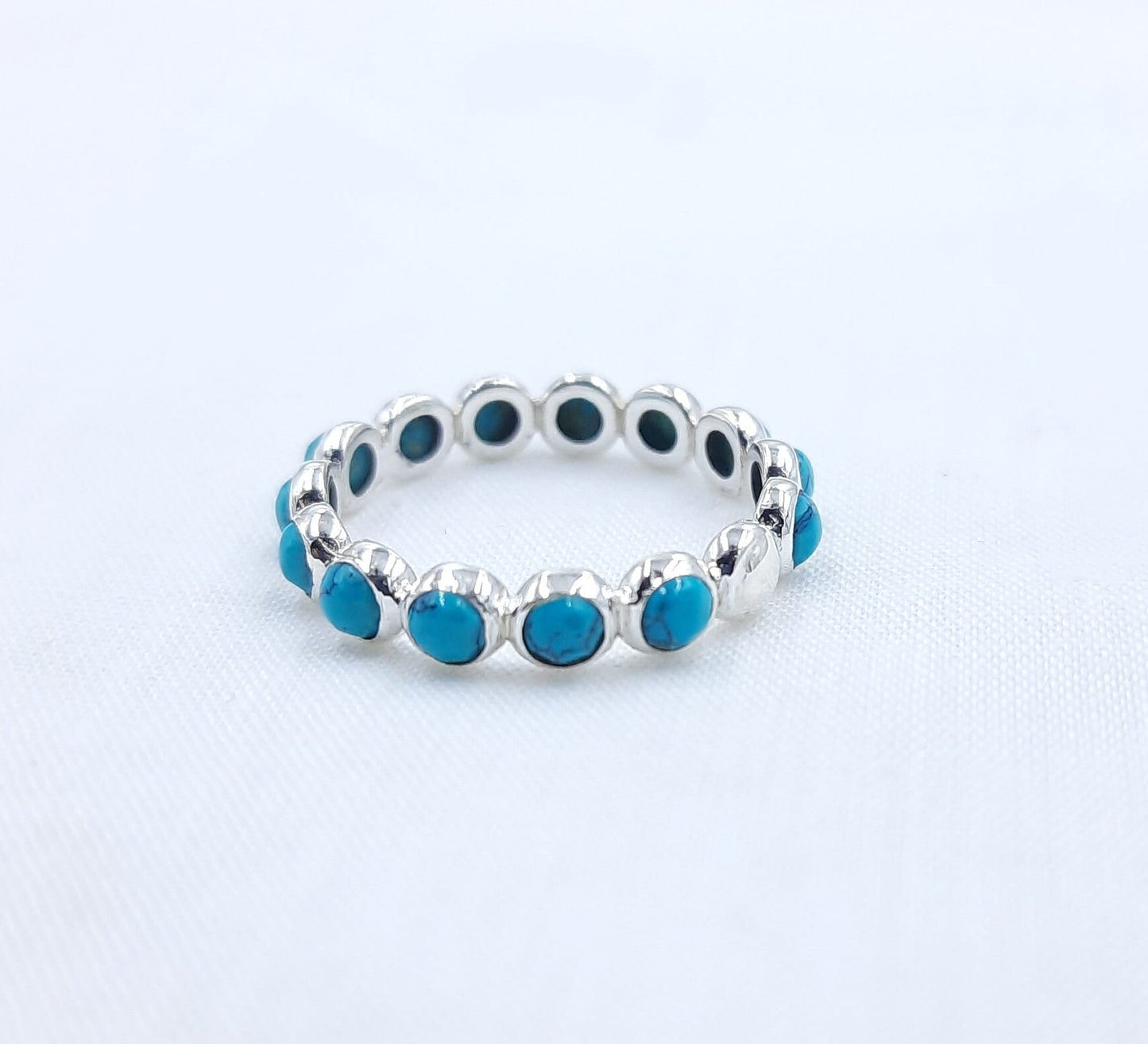 Turquoise Full Eternity Band, Gold Wedding Band, Matching Stacking Band, Natural Turquoise Art Deco Band, Anniversary Gift Ring For Her