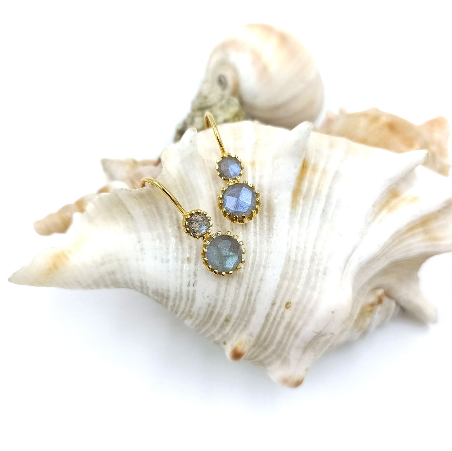 Labradorite, garnet, Moonstone, Rose Quartz dual stone earrings Gold Plated & Sterling Silver Round Stone earring prong setting Earrings