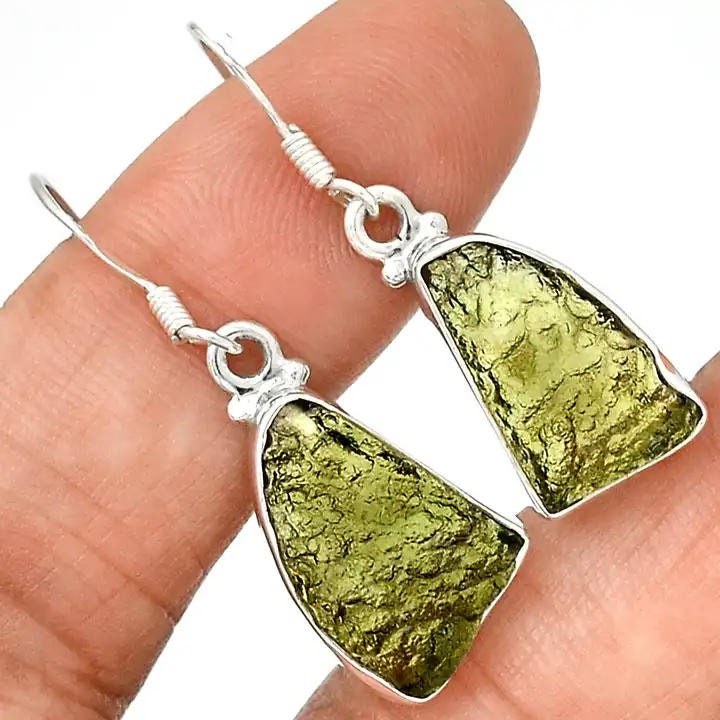 Natural Moldavite Rough Earrings Gemstone From Czech Republic 925 Solid Sterling Silver Handmade Designer Jewelry Certified Moldavite