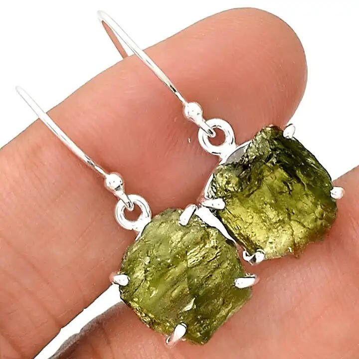 Natural Moldavite Rough Earrings Gemstone From Czech Republic 925 Solid Sterling Silver Handmade Designer Jewelry Genuine Moldavite