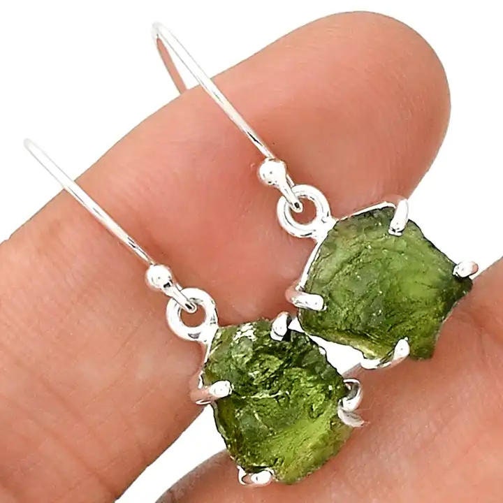 Natural Moldavite Rough Earrings Gemstone From Czech Republic 925 Solid Sterling Silver Handmade Designer Jewelry Genuine Moldavite