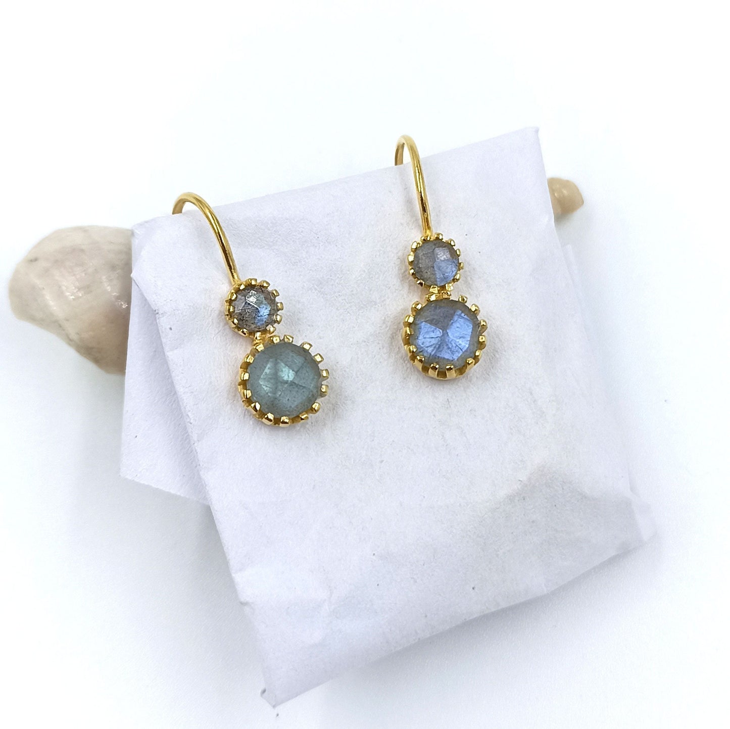Labradorite, garnet, Moonstone, Rose Quartz dual stone earrings Gold Plated & Sterling Silver Round Stone earring prong setting Earrings