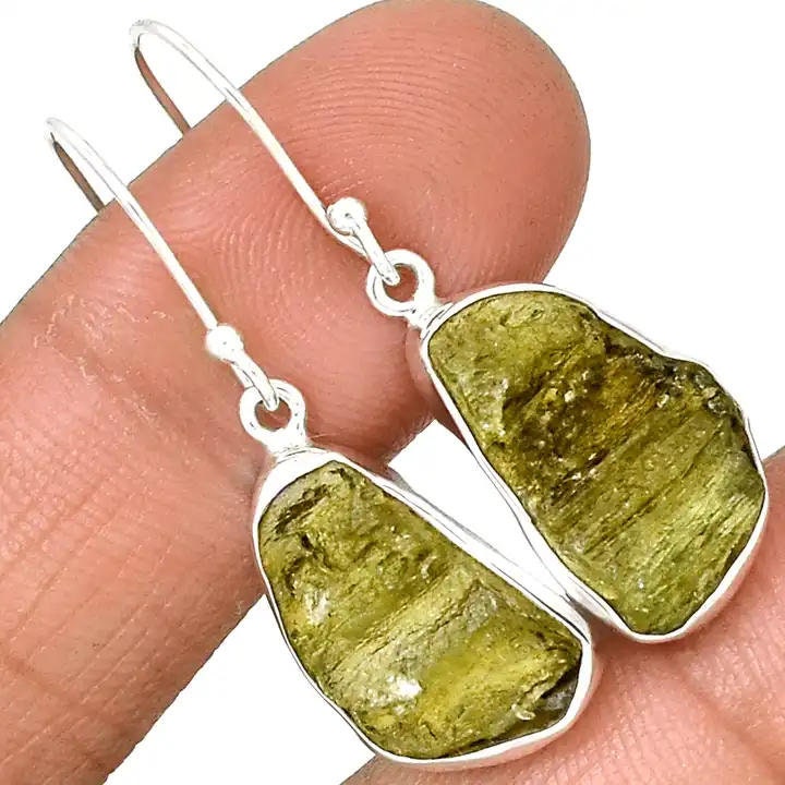 Natural Moldavite Rough Earrings Gemstone From Czech Republic 925 Solid Sterling Silver Handmade Designer Jewelry Certified Moldavite