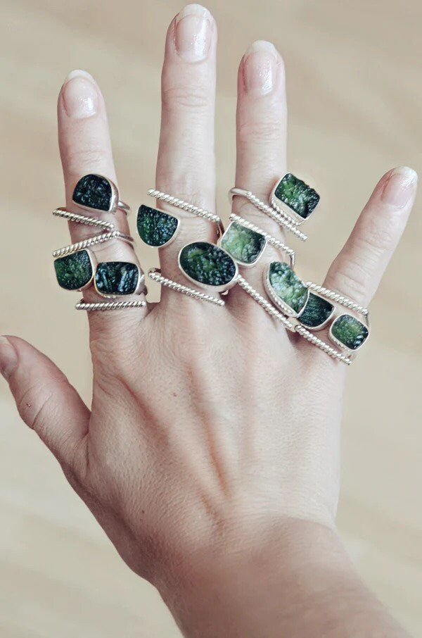 Moldavite Ring AAA+ Natural Czech Republic Moldavite Rough Healing Gemstone Handmade Rings Adjustable twisted wire 925 Sterling Silver Rings