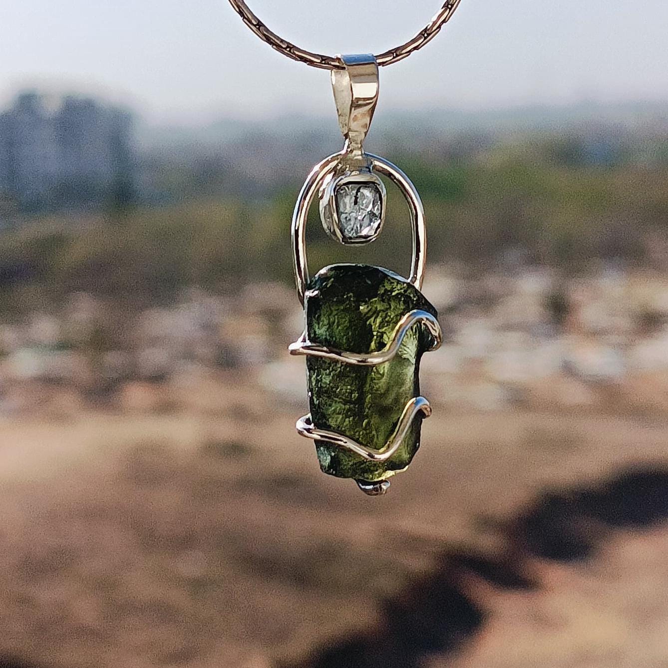 Moldavite & Herkimer Pendant, 925 Silver Handcrafted Pendant, Authentic Moldavite Pendant, Czech Moldavite Jewelry, Big Moldavite Necklace