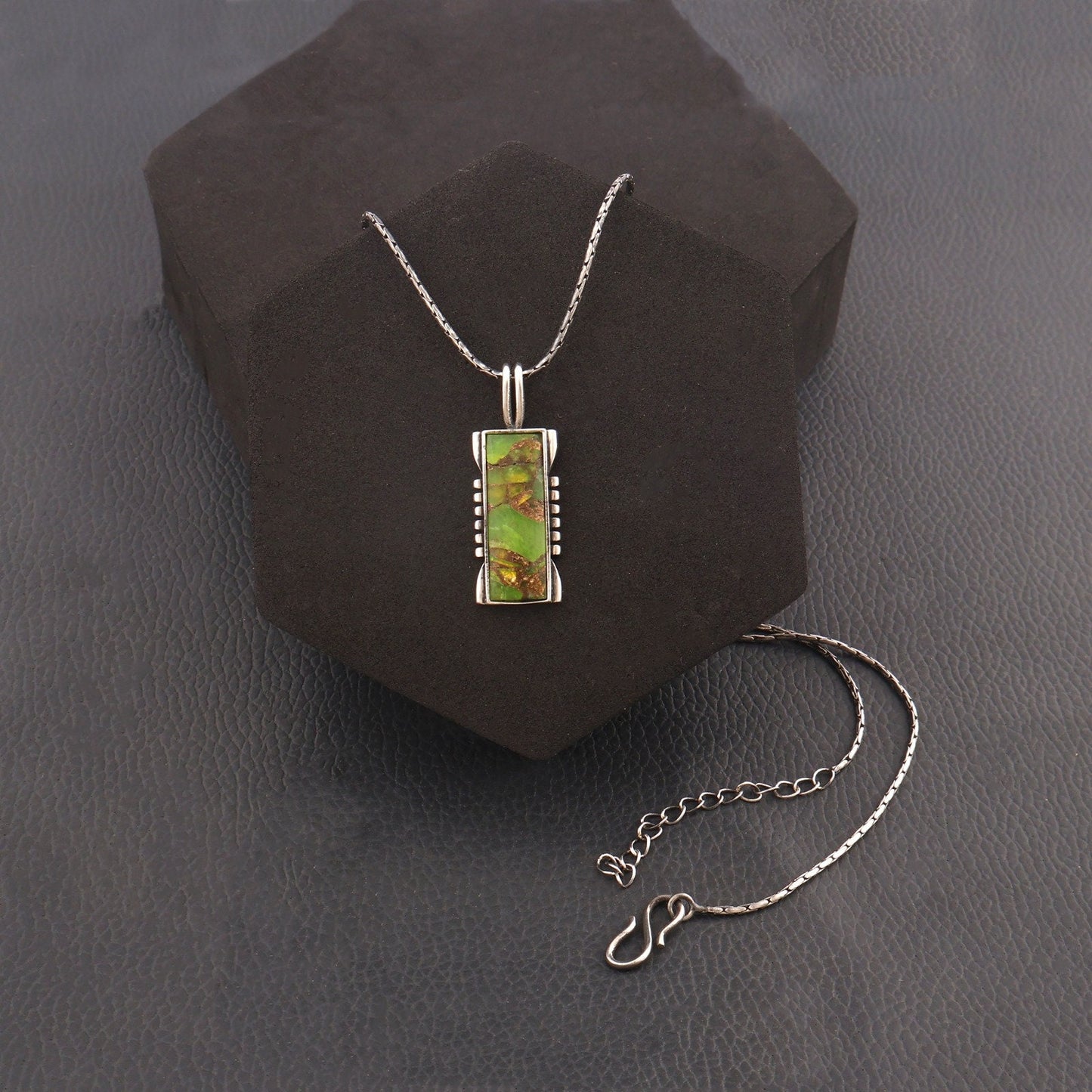 Copper Turquoise Pendant Necklace Sterling Silver Pendant Necklace Turquoise Rectangle Genuine Gemstone Necklace Kingman Southwestern