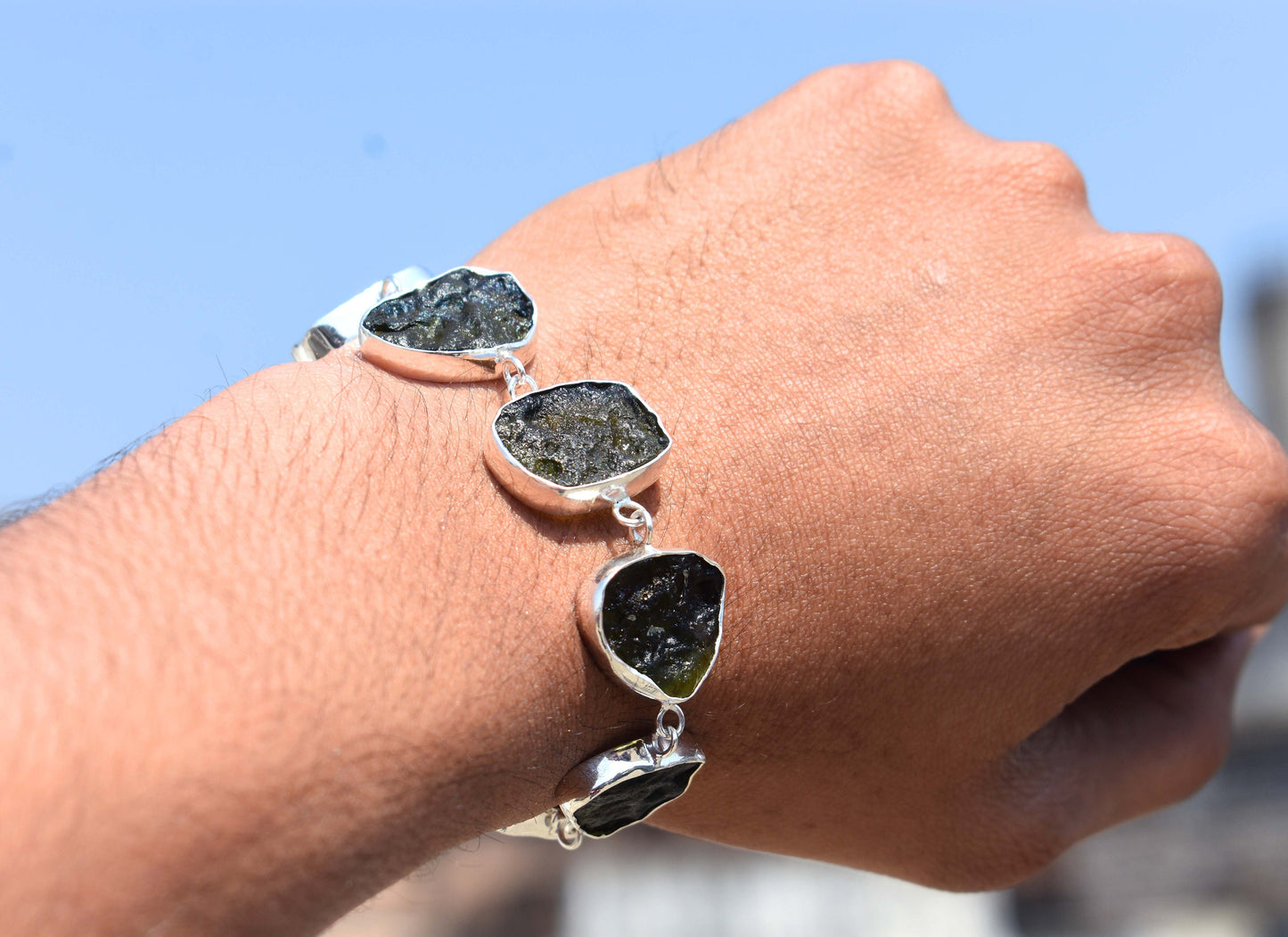 Moldavite Bracelet Handmade 925 Sterling Silver Czech Republic AAA Moldavite Rough Healing Gemstone adjustable Bracelets gift Boys & Girls