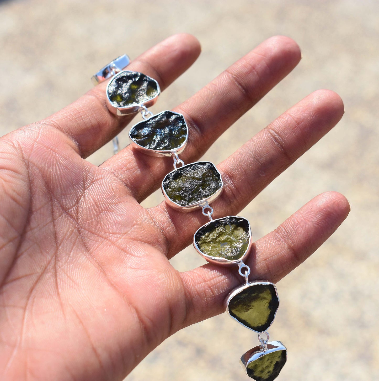 Moldavite Bracelet Handmade 925 Sterling Silver Czech Republic AAA Moldavite Rough Healing Gemstone adjustable Bracelets gift Boys & Girls