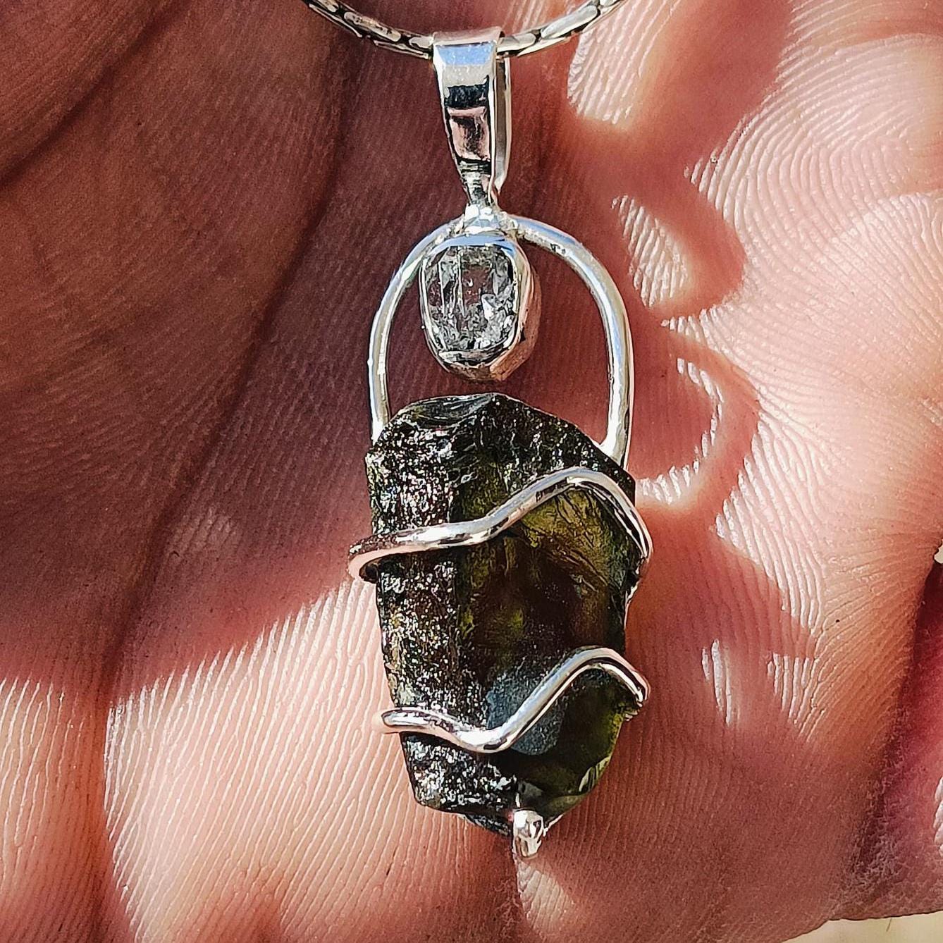 Moldavite & Herkimer Pendant, 925 Silver Handcrafted Pendant, Authentic Moldavite Pendant, Czech Moldavite Jewelry, Big Moldavite Necklace