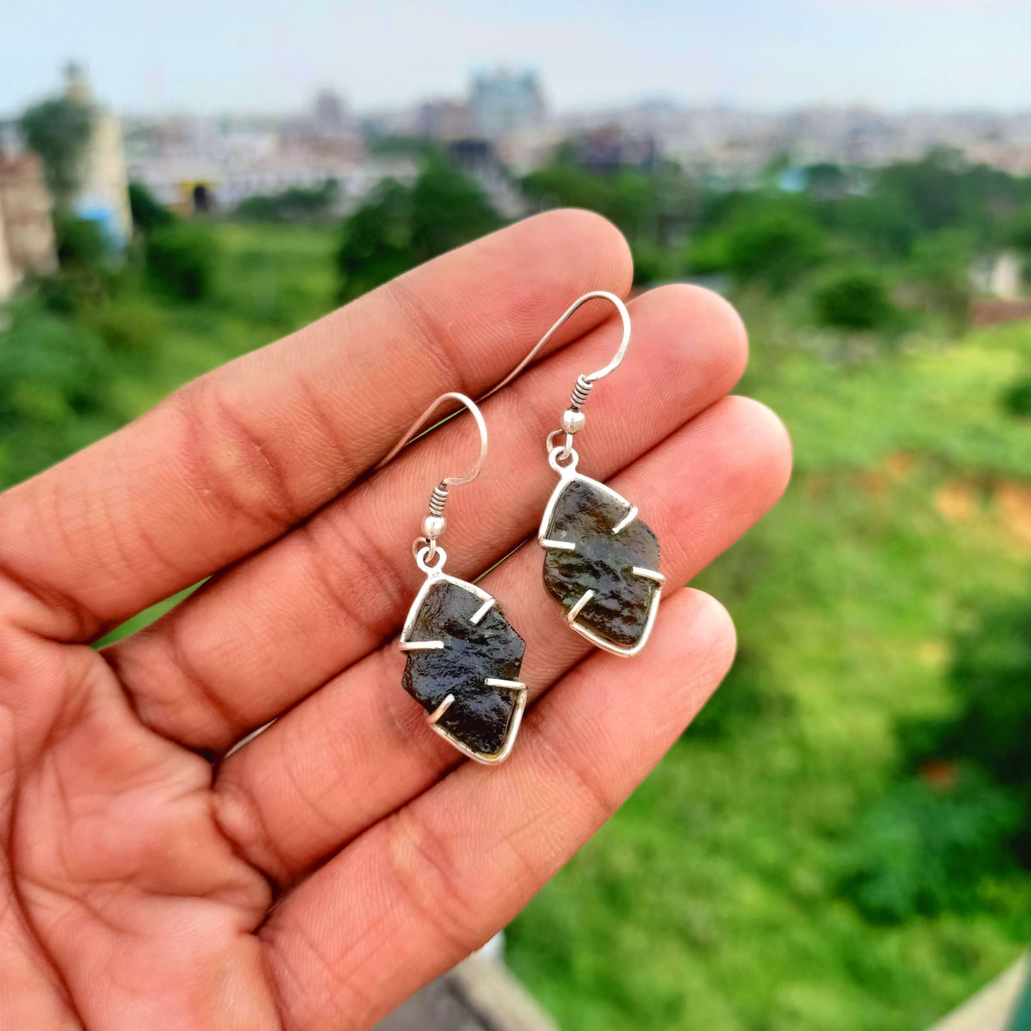 Natural Moldavite Rough stone Earrings Gemstone From Czech Republic 925 Solid Sterling Silver Handmade Designer Jewelry Unique shape Gift