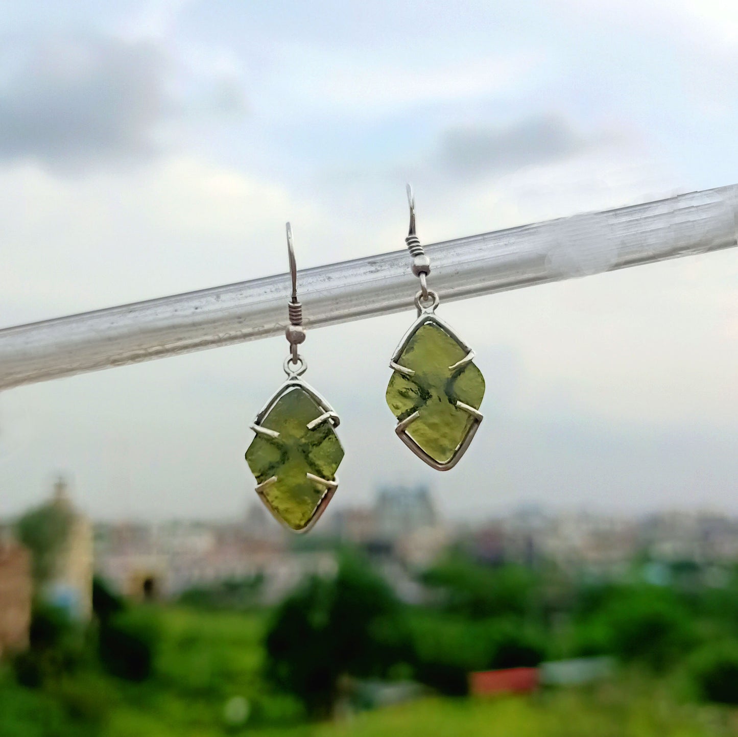 Natural Moldavite Rough stone Earrings Gemstone From Czech Republic 925 Solid Sterling Silver Handmade Designer Jewelry Unique shape Gift