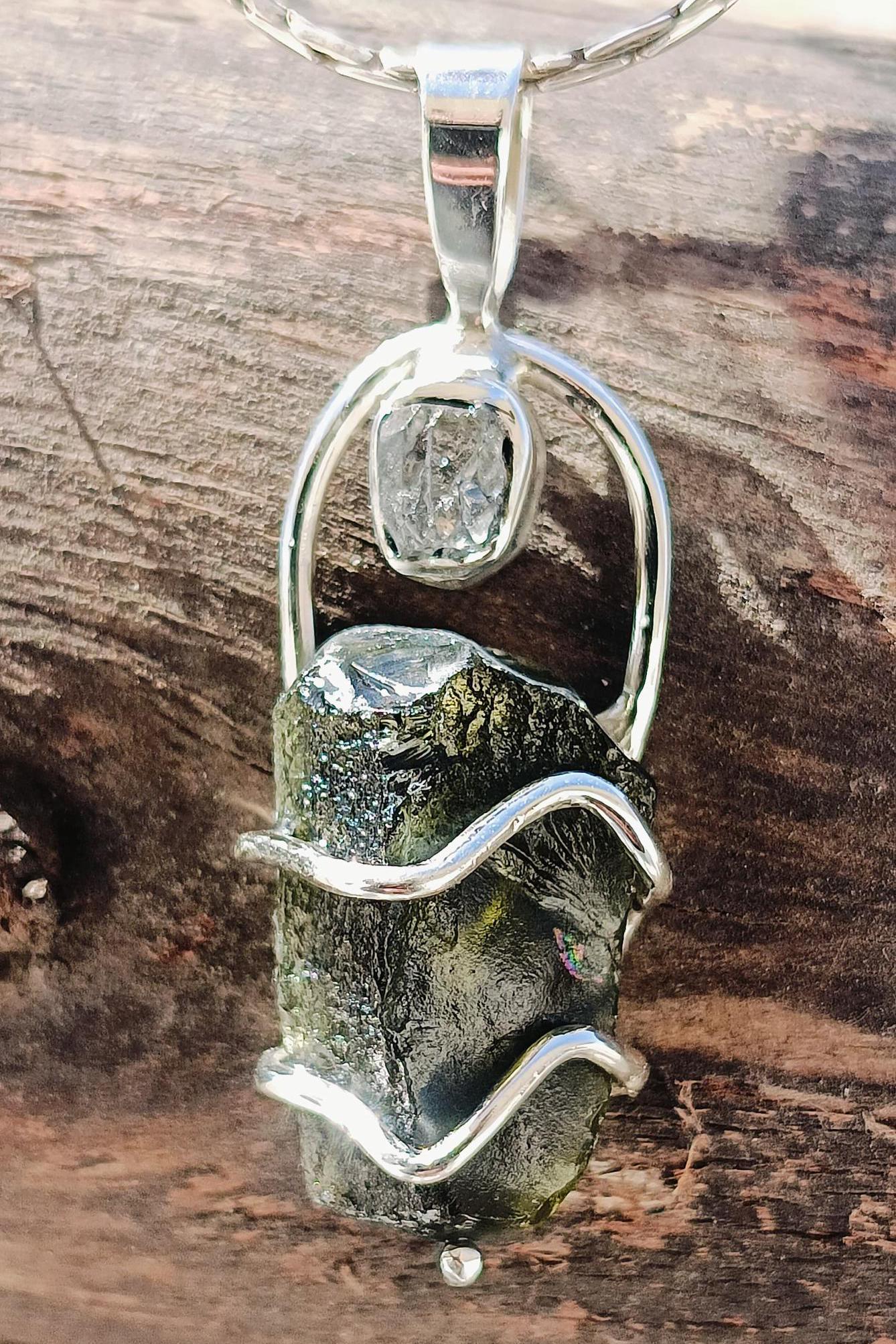 Moldavite & Herkimer Pendant, 925 Silver Handcrafted Pendant, Authentic Moldavite Pendant, Czech Moldavite Jewelry, Big Moldavite Necklace