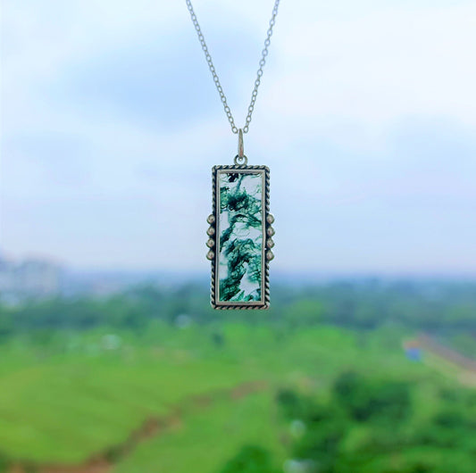 Handmade Sterling Silver Moss Agate Necklace: Large Healing Pendant, Ideal Gift for Him or Her
