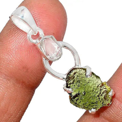 Moldavite herkimer pendant, genuine gemstone pendant, sterling silver handmade pendant, 100% genuine with certified gemstone