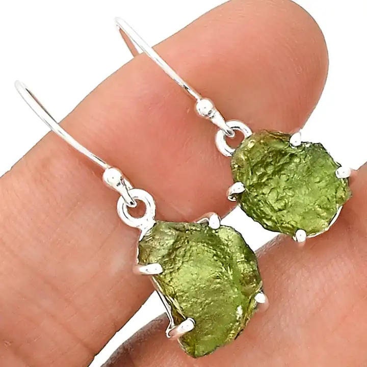 Natural Moldavite Rough Earrings Gemstone From Czech Republic 925 Solid Sterling Silver Handmade Designer Jewelry Genuine Moldavite