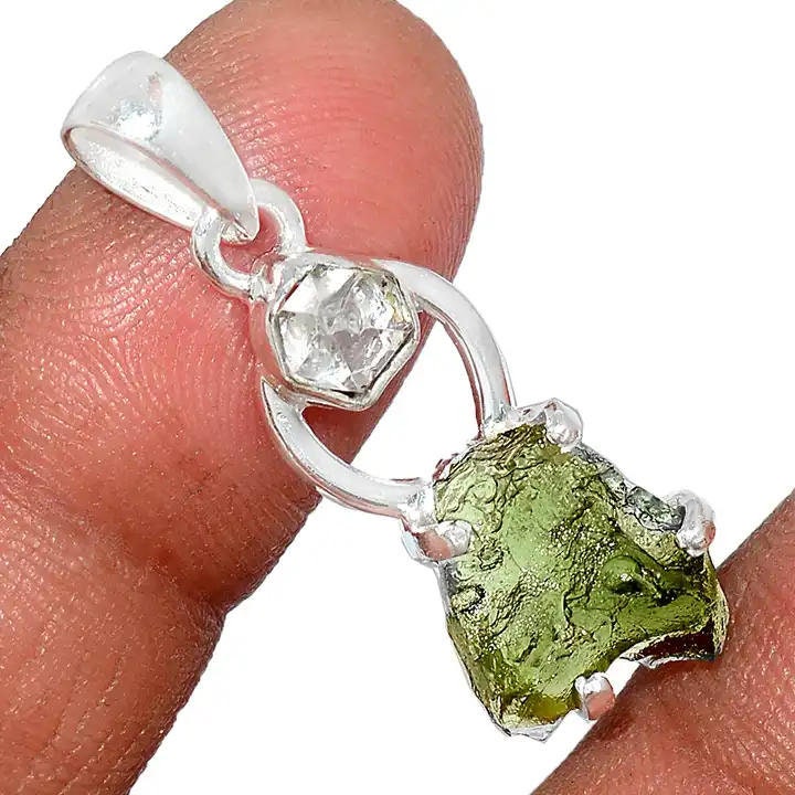 Moldavite herkimer pendant, genuine gemstone pendant, sterling silver handmade pendant, 100% genuine with certified gemstone