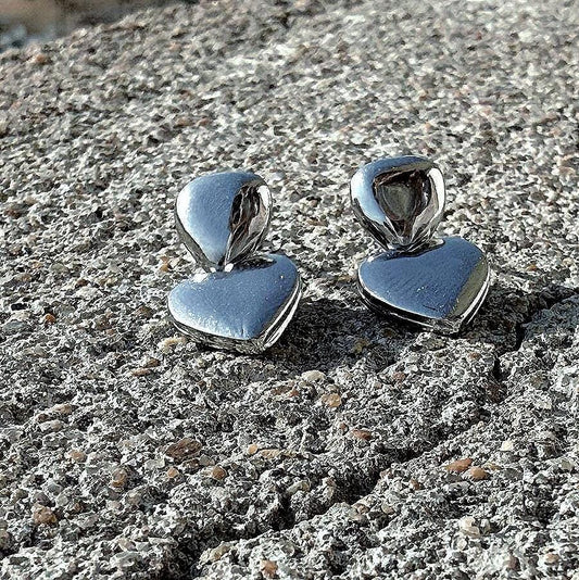3D Heart Puff Dangle Push in Silver or Gold or Rose Gold, Heart Earrings, Heart Huggie For Her